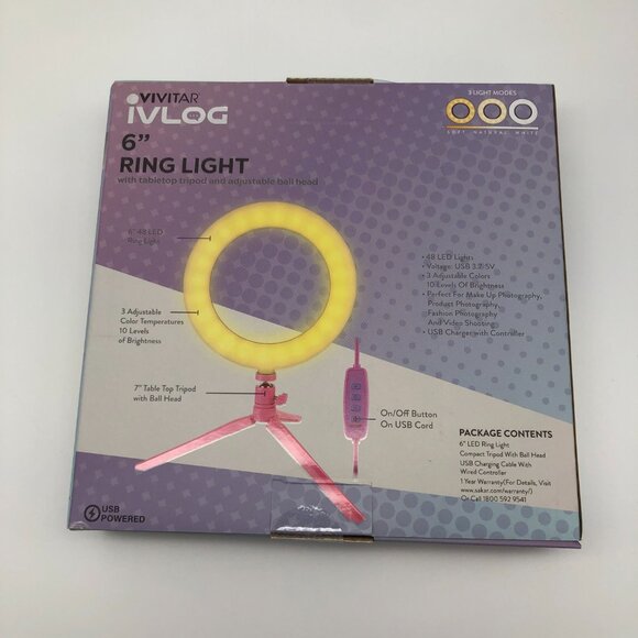 VIVITAR 6" Vlogging Ring Light & 7" Tabletop Tripod w Adjustable Ball Head, Pink - Picture 2 of 2
